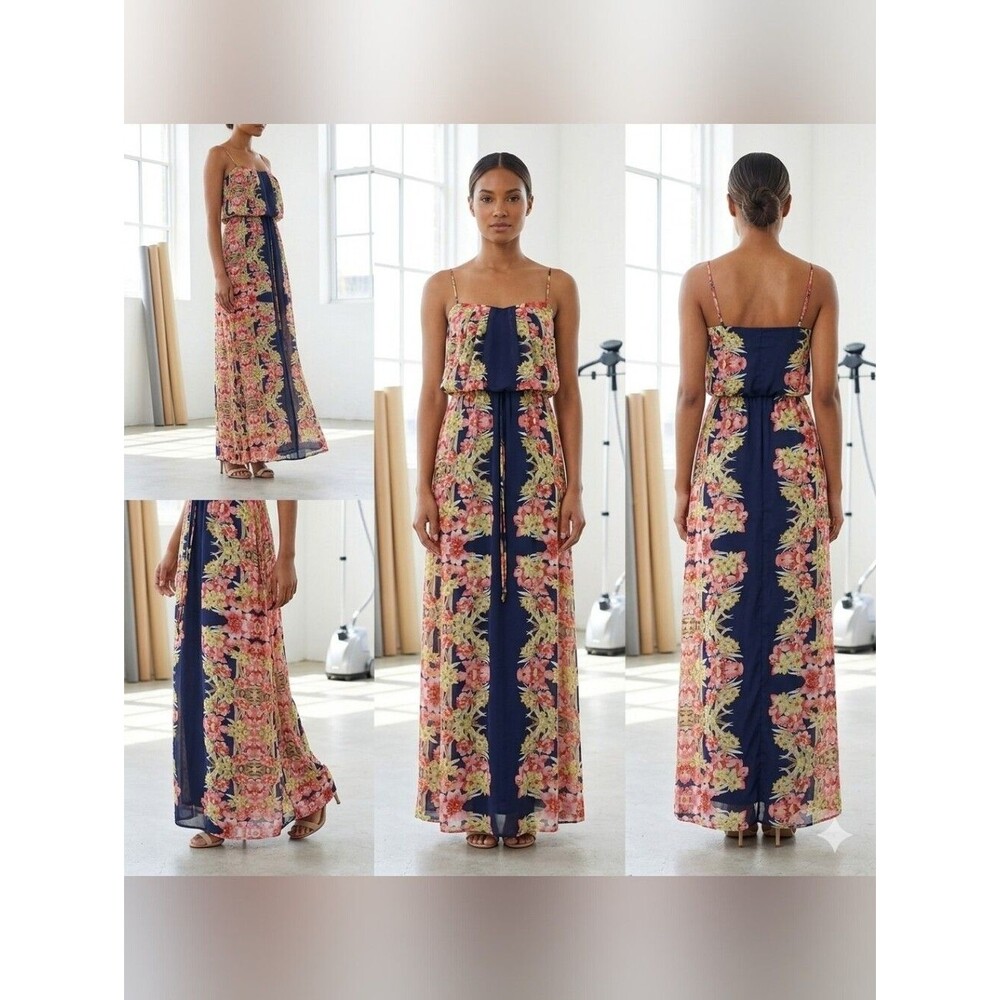 City Studio Floral Maxi Dress Blue Pink Yellow Small S Spaghetti Strap Boho